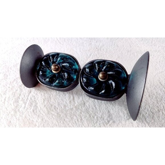 Candle Holder Stick Hand Blown Glass Forest Green Metal Gray India Boho Decor 7" - Picture 5 of 11